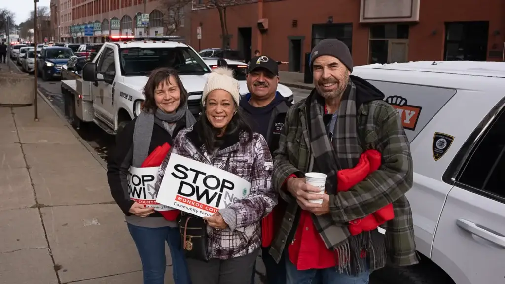 Families hold STOP-DWI New York signs beside a police car before the Lights On For Life motorcade