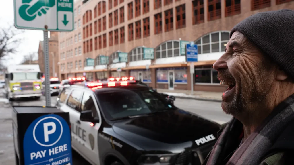A RAID member laughs beside a Rochester police car at the Lights On For Life motorcade