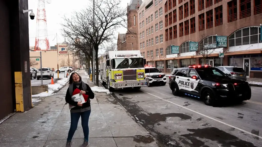 A woman holds a STOP-DWI New York sign as the Lights On For Life motorcade lines up on a downtown Rochester street